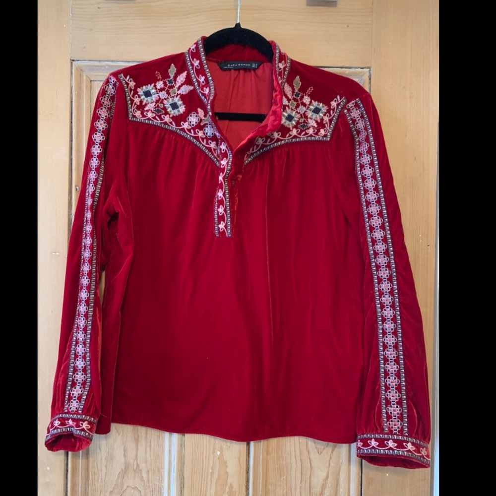ZARA bohemian red velvet top with embroidery
